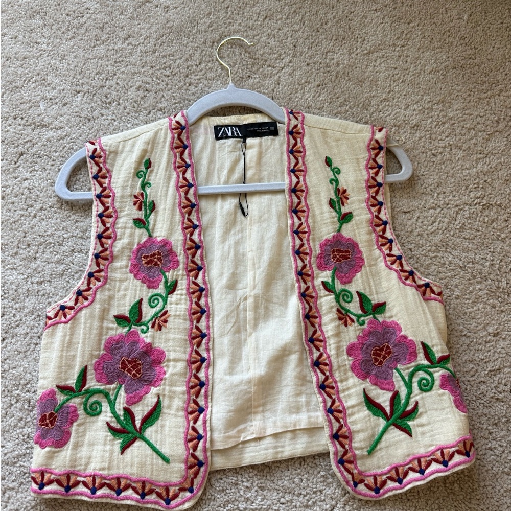 Zara Cream Embroidered Floral Vest with Pink & Green Accents